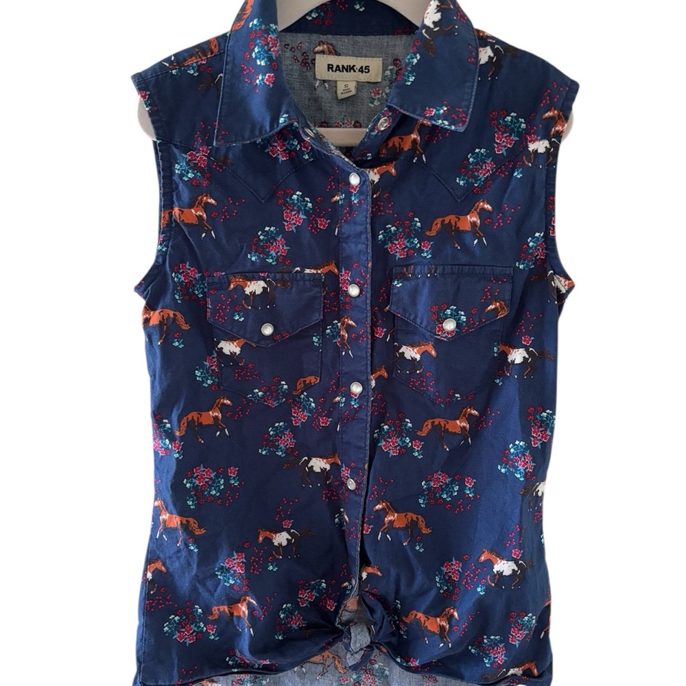 Navy Blue Button Down Shirt with Horse Print